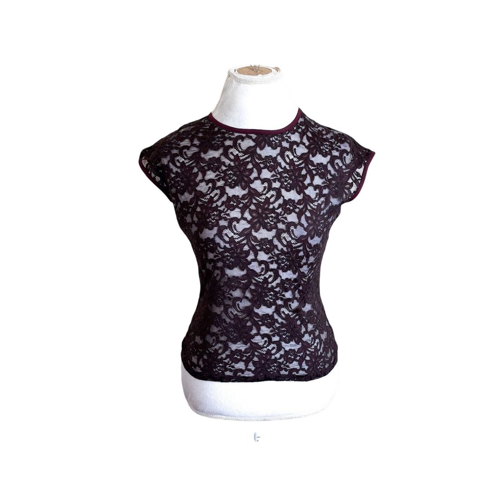 Brooks Brothers Womens Floral Lace Top Small Brown Sheer Fitted Indie Grunge VTG